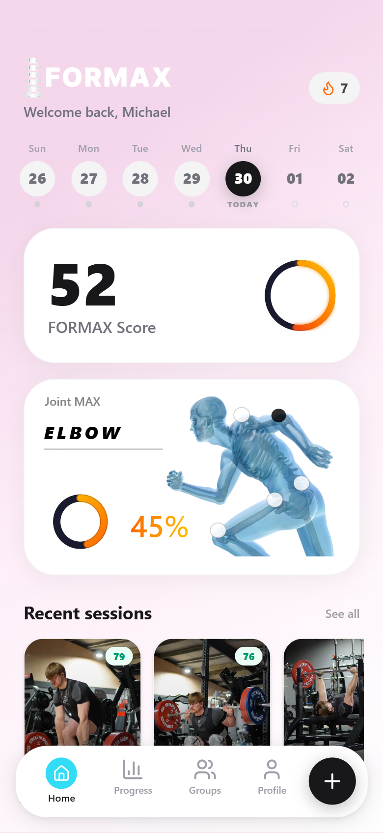 FORMAX Home screen showing score and recent sessions
